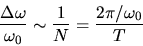\begin{displaymath}
\frac{\Delta\omega}{\omega_0} \sim \frac{1}{N} =
\frac{2\pi/\omega_0}{T}
\end{displaymath}